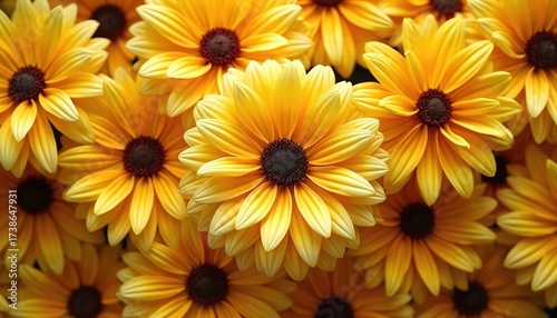 Close up on bright yellow flowers petals and dark pollen. Floral pattern of blooming plants shows summer nature beauty. Golden color grade. Elegant botanical petals in garden.