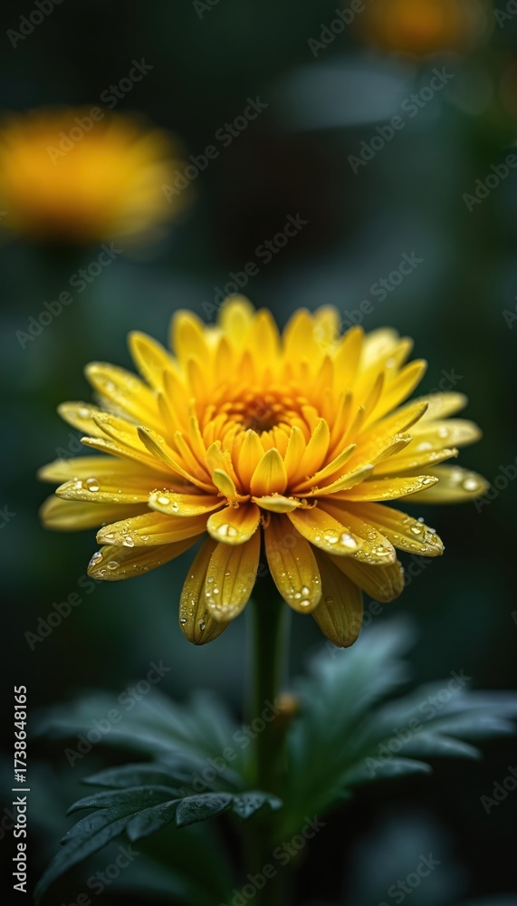 Obraz premium Close up of vibrant yellow flower petals with glistening water droplets. Dark moody background highlights bloom and fresh dew. Delicate natural beauty in soft focus.