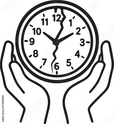 Broken Time: A poignant visual representation of time's fragility, with a delicate illustration of hands cradling a cracked clock face, embodying the fleeting nature of moments.