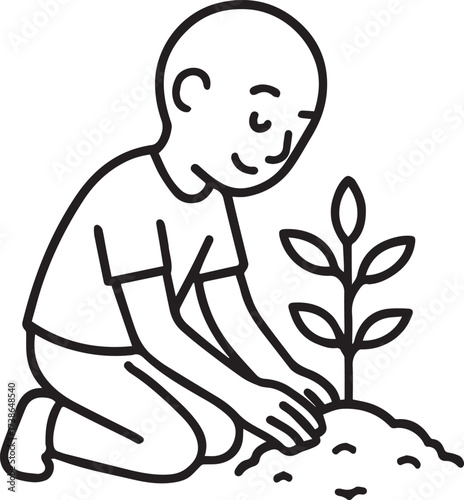 Planting Seedling: A line art illustration of a boy plants a seedling with care, representing growth and environmental stewardship.