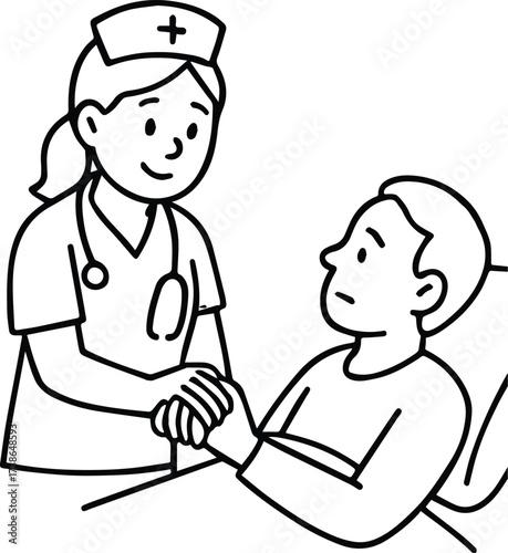 Nurse's Compassion: A compassionate nurse extends a comforting hand to a patient, embodying care and support. Emphasizing empathy, well-being, and the vital role of healthcare providers.