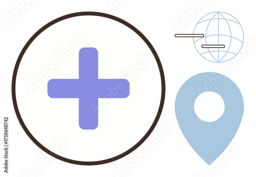 Medical cross inside a circle, blue location pin, and global network symbol. Ideal for healthcare, navigation, global connection, medical aid, mapping emergency services and universal access. Clean