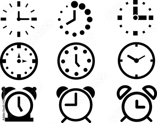 Nine Clock Icons And Illustrations Represent Time, Timeliness, Alarms, And Punctuality For Design Projects