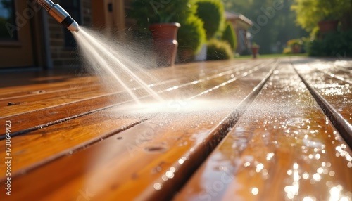 Power washing wooden deck outdoors with water pressure equipment. Cleaning a timber surface to maintain home improvement and backyard renovation project. Timber deck treatment with water jet.