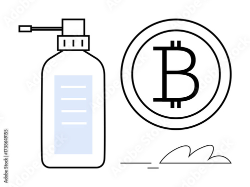 Hand sanitizer bottle with a pump next to a Bitcoin coin. Ideal for concepts of digital economy, hygiene, finance, innovation, tech advancements, investments, medical health, simple flat metaphor