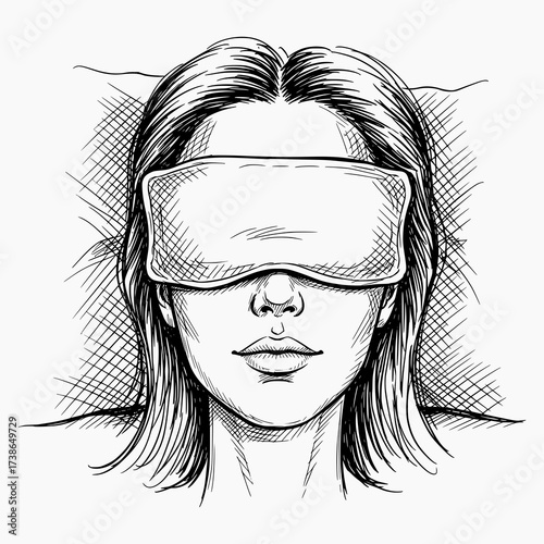 Woman with Sleep Mask in Black and White Sketch Style - Vector Illustration for Wellness and Self Care Design