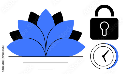 Blue lotus with black petals, padlock, and clock. Represents balance, security, mindfulness. Ideal for meditation, time management, personal growth calm data protection tranquility simple flat