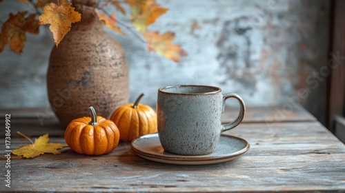 Rustic autumn composition with ceramic mug on saucer beside two small pumpkins and a clay vase with colorful fall leaves, set on weathered wooden table in cozy seasonal setting