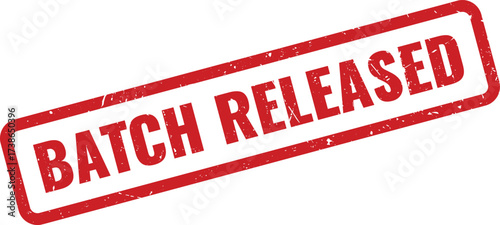 Red Batch Released Rubber Stamp on White Background, Indicating Items Officially Made Available or Distributed