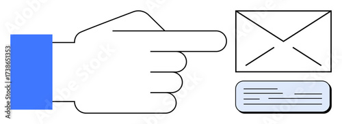 Hand directing attention to a letter envelope and text message bubble, symbolizing digital communication. Ideal for mail, messaging, notifications, teamwork, marketing, connectivity, simple flat