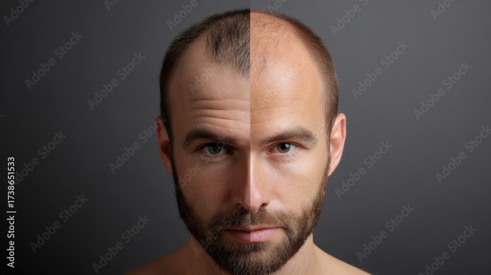 Fototapeta premium Dermal hair difficulty: root split, crown flake, follicle loss, scalp redness, texture weakness, density variation, growth halt, patch thinning, tissue friction, strand dullness, shedding curve