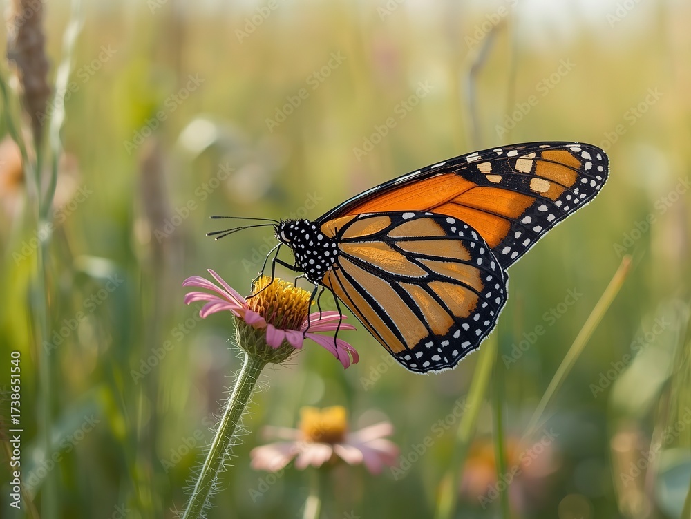 Obraz premium Stunning monarch butterfly gracefully feeding on a delicate pink wildflower in a sunlit meadow, a symbol of beauty and nature's vibrant cycle