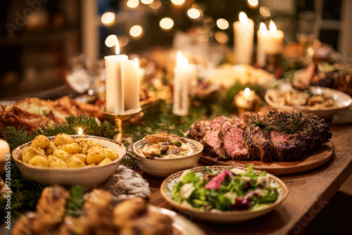 Vibrant holiday table filled with roasted meats, fresh salads, and side dishes, surrounded by soft candlelight and greenery