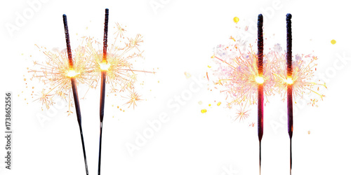 Two sparklers with bright glowing embers and sparks flying, isolated on transparent background