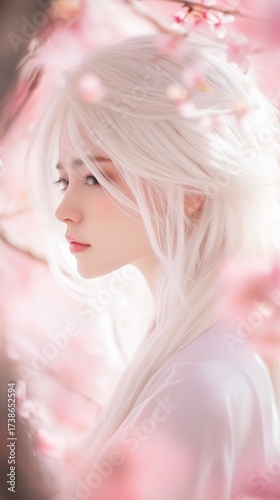 A silver haired man wearing Hanfu stands gracefully amidst a dreamy peach forest. His silk jacket glimmers softly as peach blossoms create a mystical atmosphere filled with light and shadows.