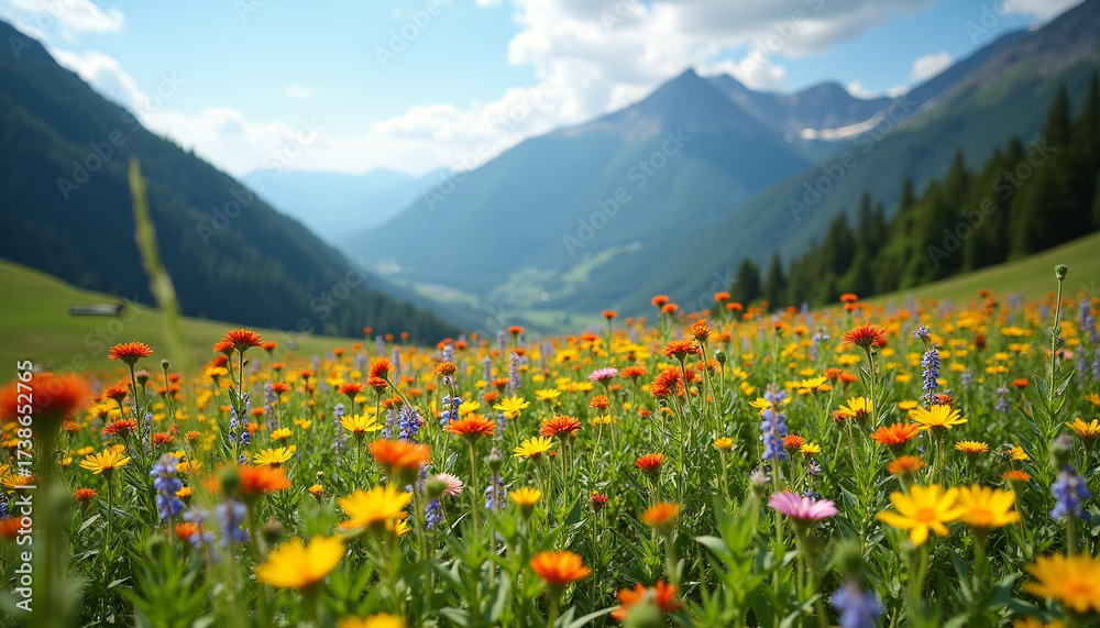 Obraz premium Vibrant Wildflower Meadow with Mountain Landscape on a Sunny Summer Day