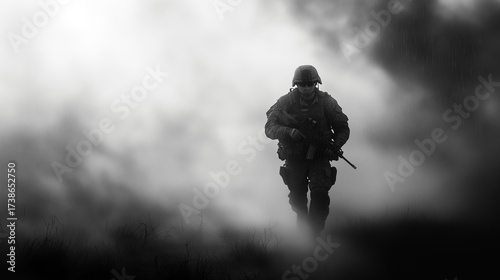 A soldier moves cautiously through a thick fog on a battlefield, his silhouette revealing tension and determination.