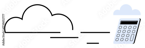 Stylized cloud linking to a calculator, depicting cloud computing, finance, calculations. Ideal for technology, finance, data, innovation online services accounting minimalism. Simple flat