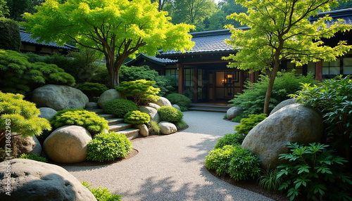 Tranquil Garden Landscape with Rocks and Lush Greenery