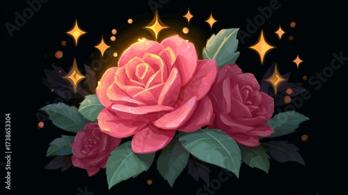 Vibrant illustration of roses with golden sparkles against a black background
