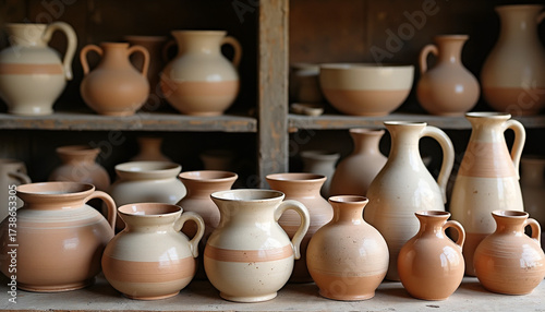 Handmade Ceramic Pottery Collection Displayed on Rustic Shelves