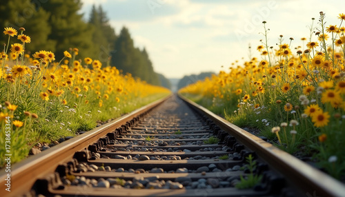Scenic Spring Railway Track with Blooming Wildflowers