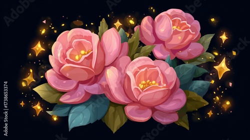 Vibrant pink roses with green leaves and golden starbursts on a dark backdrop