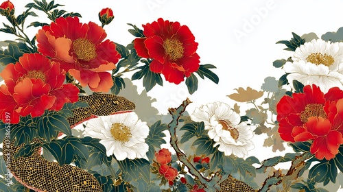 Vibrant peonies and a serpent with floral details on a white background