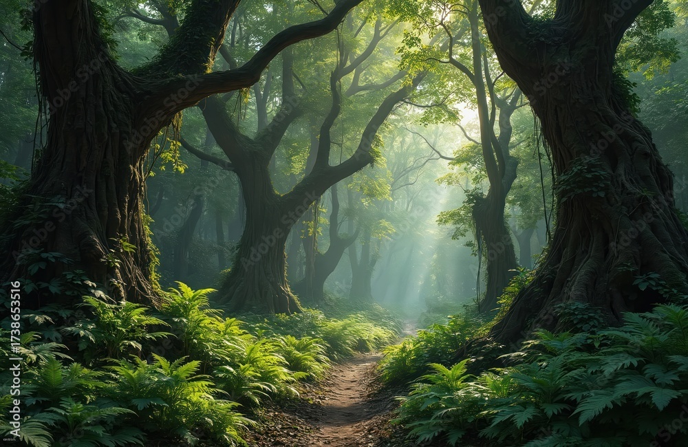 Fototapeta premium Winding forest path goes through wild, green woodland. Giant old trees with thick trunks stand tall. Rich ferns, foliage cover ground. Sunlight rays beam through misty jungle canopy, creating calm,