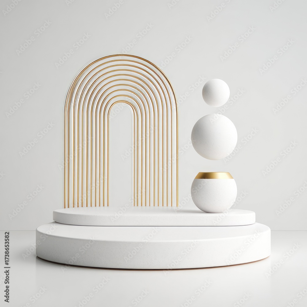 Obraz premium Modern minimalist stage with gold arches, spheres floating, and a white pedestal