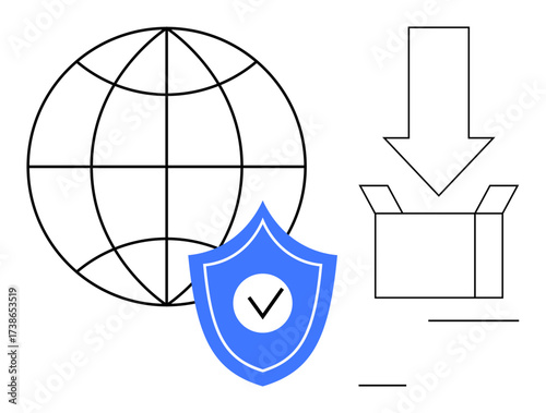 Globe with grid lines, shield with checkmark, and downward arrow to open box. Ideal for global communication, data security, internet usage, logistics, e-commerce, technology simple flat metaphor