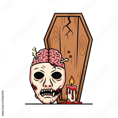 A cartoonish image shows a zombie head next to a coffin and a candle