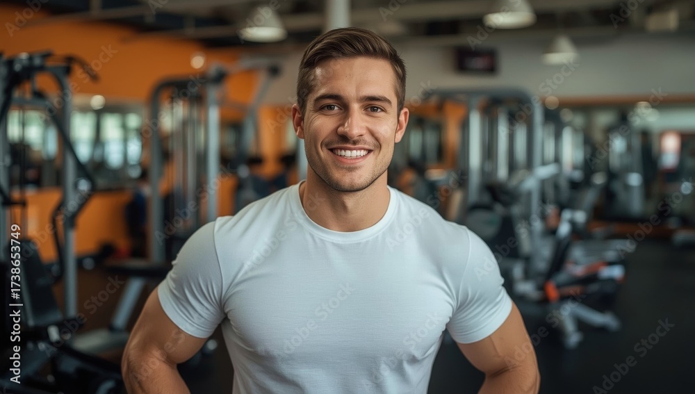 Fototapeta premium Smiling fitness trainer in a white shirt in the gym