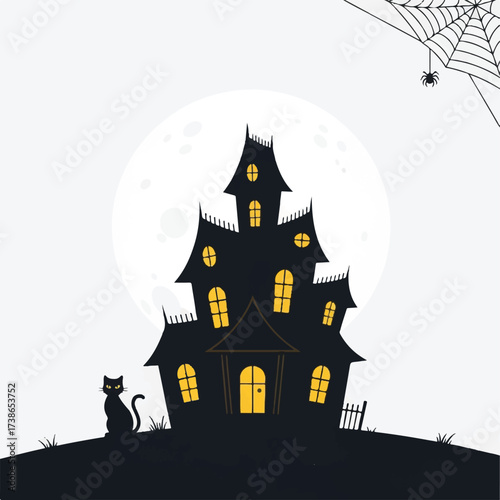A silhouette of a haunted house with yellowlit windows stands against a full moon a black cat seated nearby and a spider web in the upper right