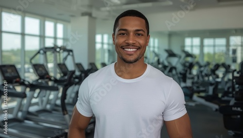 A smiling African American fitness trainer wearing a crisp white T-shirt stands in a modern gym with large panoramic windows.