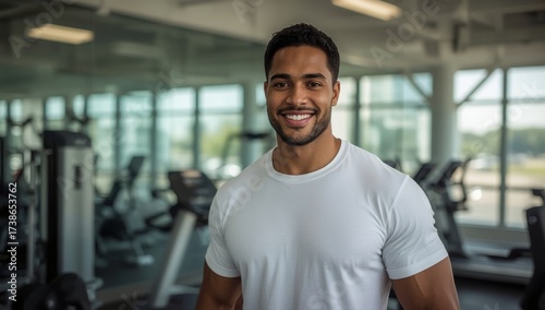 A smiling African American fitness trainer wearing a crisp white T-shirt stands in a modern gym with large panoramic windows.