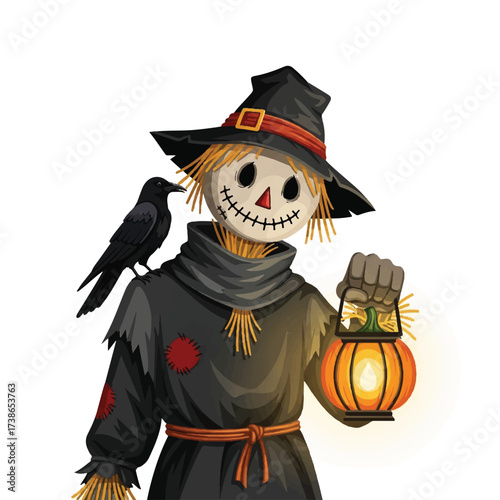 A scarecrow in a black hat holds a lantern with a crow perched on its shoulder