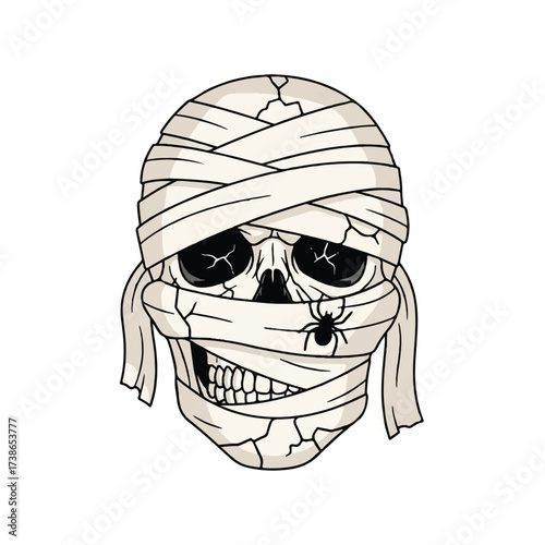 A skull wrapped in bandages with cracks and a spider on the wrappings