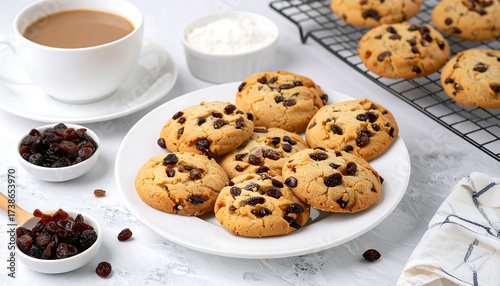 Freshly baked raisin cookies on a plate with coffee