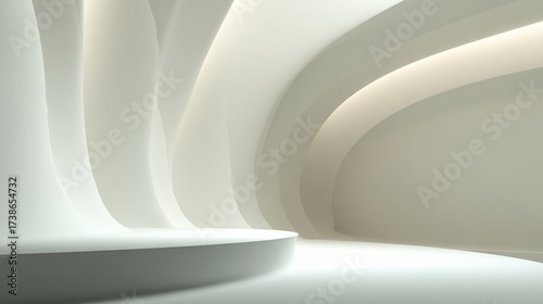 White studio backdrop with wavy walls, minimalist design with natural light. Perfect for product display