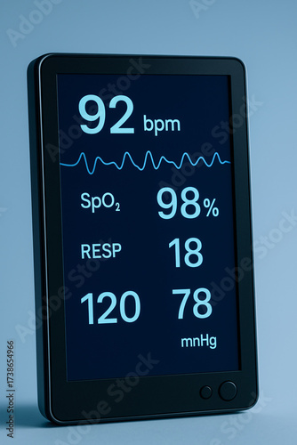Modern medical monitor shows vital signs with heart rate and oxygen saturation levels