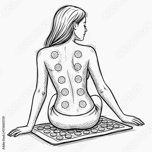 Woman Using Acupressure Mat in Black and White Sketch Style - Vector Illustration for Wellness and Spa Design