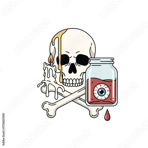 A skull over bones with a lit candle and a jar of blood with an eyeball