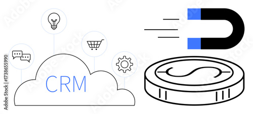 Cloud labeled CRM connects icons for communication, shopping cart, lightbulb, and gear. Magnet attracting coin suggests customer retention strategies. Ideal for CRM strategy, marketing, business