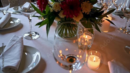 Elegant dining table setup with candles and glassware, captured from a high-angle. Perfect for a video on formal dining or event planning.