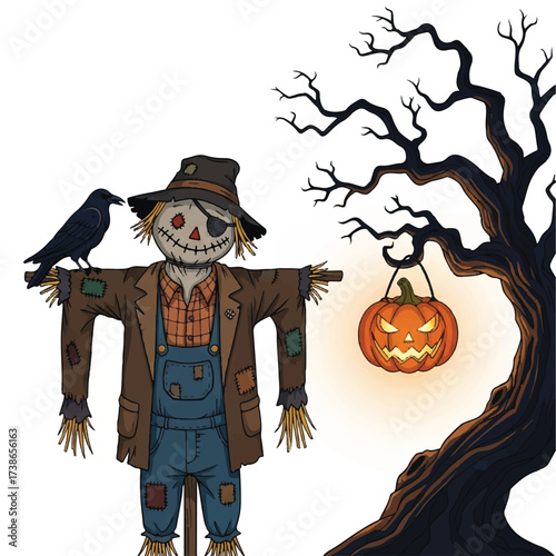 Halloween scene scarecrow with crow hanging pumpkin lantern by dark tree