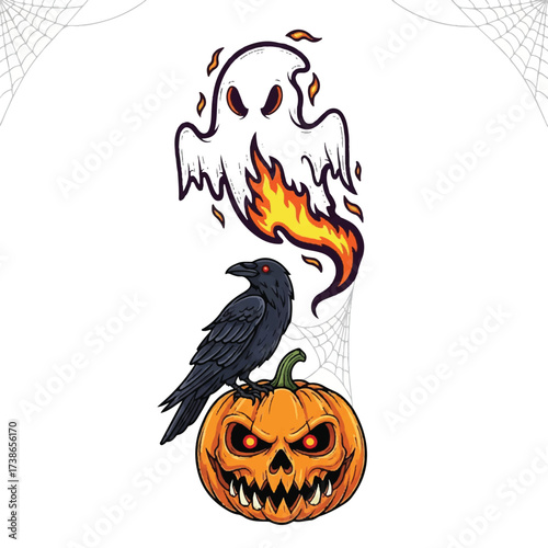 Halloween scene with a flaming ghost a raven on a jackolantern
