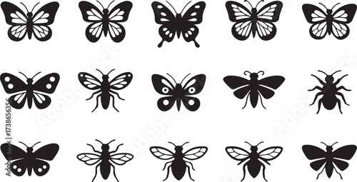 Butterflies and Insects Silhouettes Collection of Diverse Bug Icons