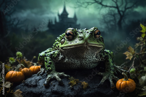 Big green frog toad dark scary background autumn Halloween holiday AI Generative