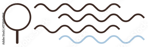Magnifying glass examining black and blue wavy lines. Ideal for analysis, research, focus, exploration, data interpretation, complexity, problem-solving. A simple flat metaphor